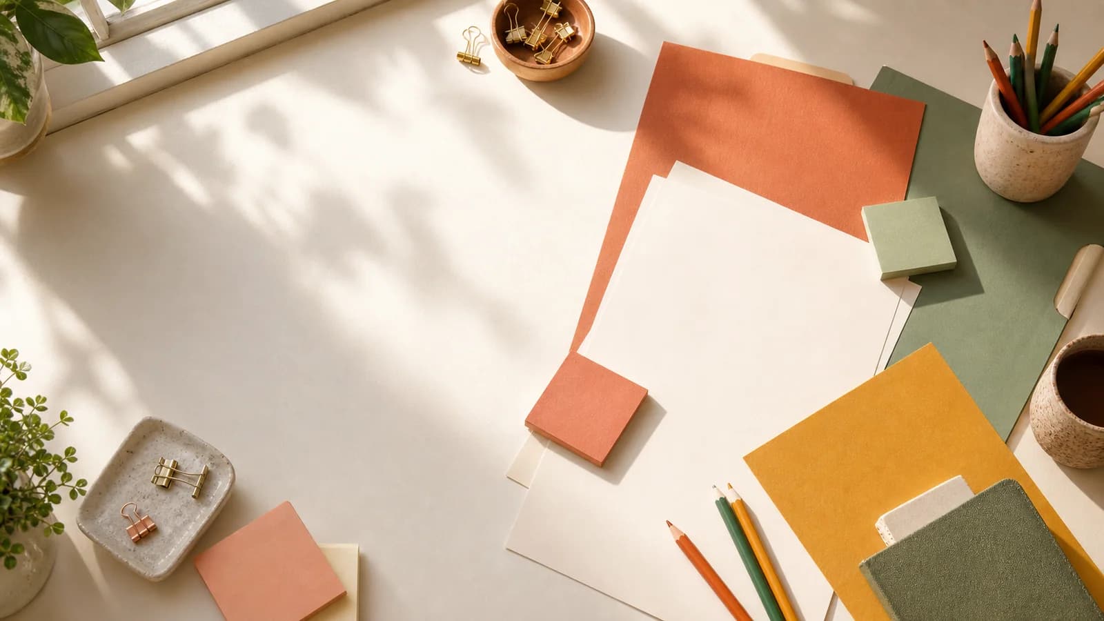 Morning light across a desk with warm-toned paper, folders, and pencils fanned out, ready to work